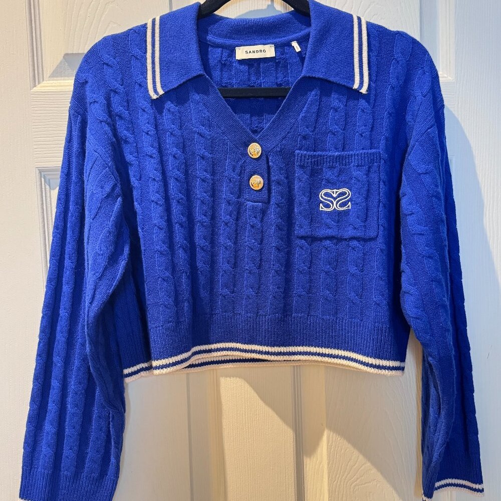 SANDRO NWOT Royal Blue Wool/Cashmere Cropped Cardigan W/ White Trim Size 2 (M/L)